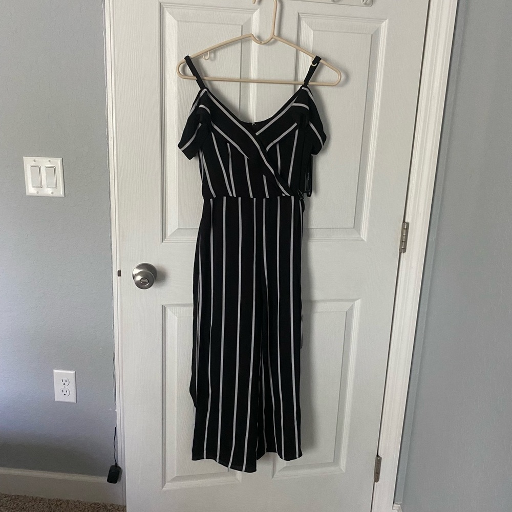 Black pinstripe jumpsuit cold shoulder